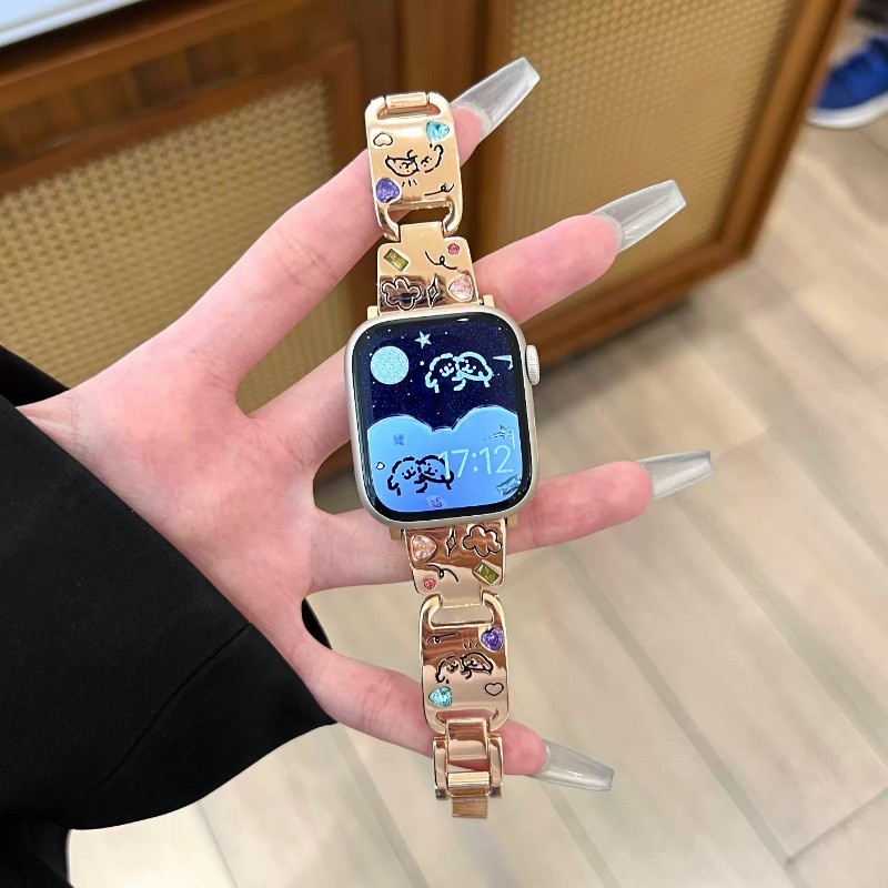 ลูกสุนัขน่ารักฝังเพชรสายโลหะสําหรับ Apple Watch Series 2/3/4/5/6/7/8/9/10/11 38/40/41/42/44/45/46/49 มม. หรูหราสแตนเลส