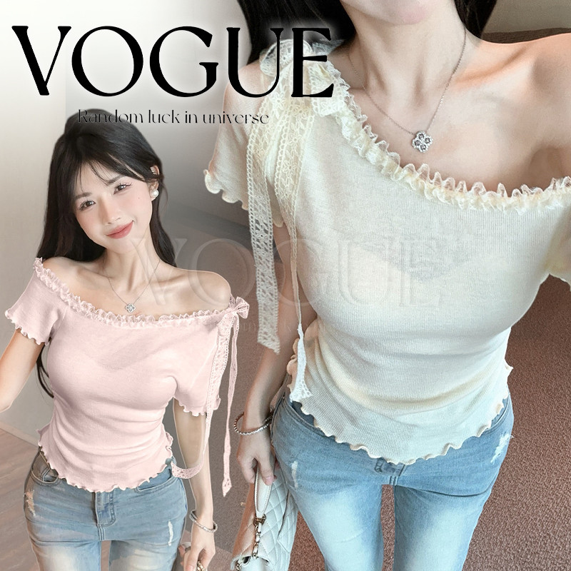 Vogue🌟พร้อมส่ง🌟 เสื้อยืดปาดไหล่ ผูกโบว์ ดีเทลขอบลายหยัก สีพาสเทลสไตล์เกาหลี (FY3144)