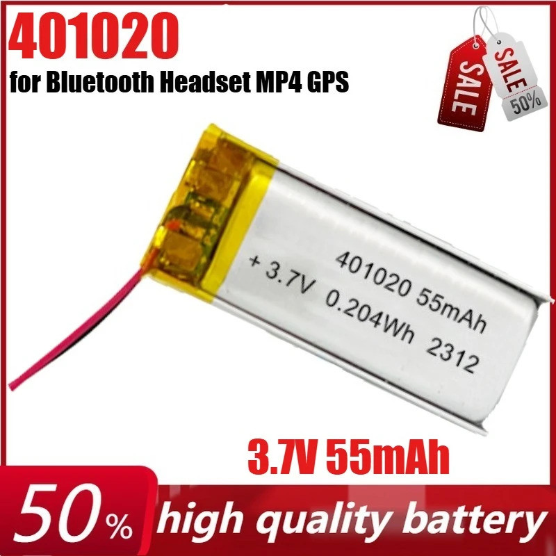 3.7V 55mAh 401020 แบตเตอรี่ลิเธียมแบบชาร์จไฟได้สําหรับชุดหูฟังบลูทูธ MP4 ลําโพง จีพีเอส สมาร์ทวอทช์ไ