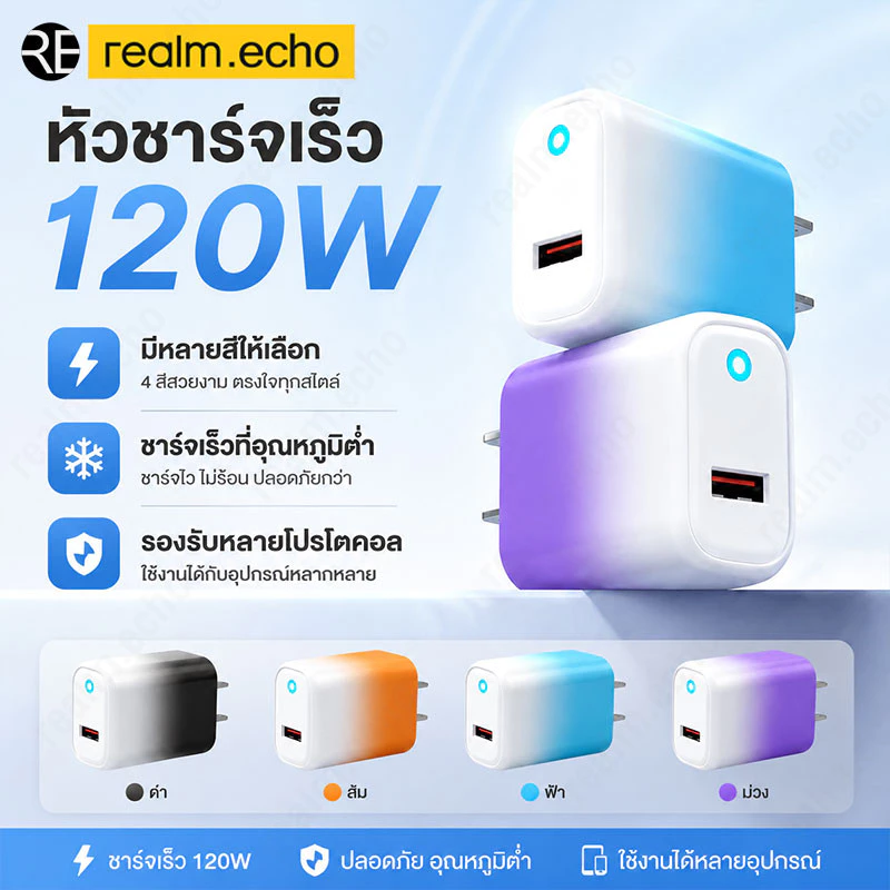 ชุดชาร์จเร็ว 120W GaN Gradient สีโทรศัพท์มือถือ ปลอดภัยชาร์จเย็น ไม่ร้อน ขนาดเล็กพกพาง่ายรองรับ 100-240V ใช้ได้ทั่วโลก