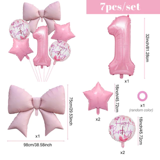 GeeParty ชุดลูกโป่งฟอยล์โบว์สีชมพู 7 ชิ้น พร้อมลูกโป่งตัวเลขสีชมพู 32 นิ้ว สำหรับงานเลี้ยงวันเกิดเด็กผู้หญิง
