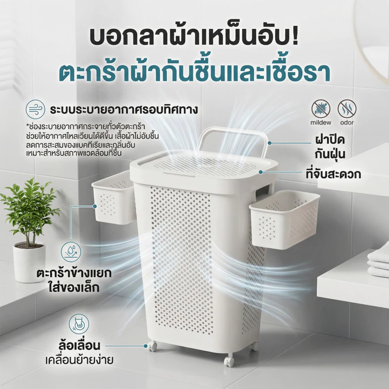 ตะกร้าผ้ามีล้อ 45L/60L พร้อมฝาปิดและด้ามลาก ตะกร้าซักผ้ามินิมอล พับเก็บได้ ล้อหมุน360° จุผ้าเยอะ มีตะกร้าแยกชุดชั้นใน thumbnail 8