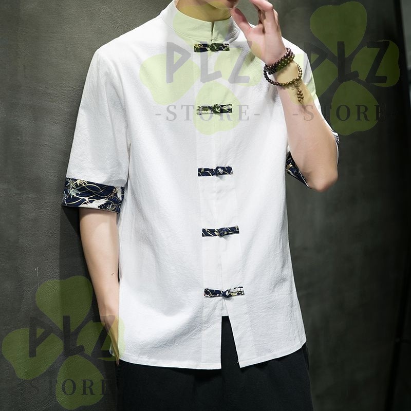 เสื้อเชิ้ตแขนสั้นผู้ชายสไตล์ กลิ่นฉุน - แฟชั่นย้อนยุค | ผ้าฝ้ายผสมผ้าลินิน