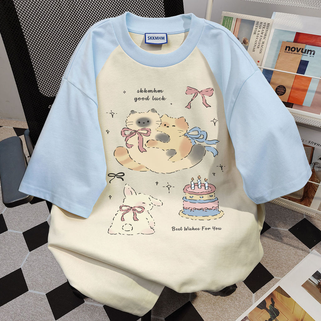 2026ญี่ปุ่นหวานพิมพ์สีตัดกันแขนสั้นเสื้อยืดผู้หญิงใหม่ขนาดใหญ่หลวมรอบคอ TopCOD 8OCD