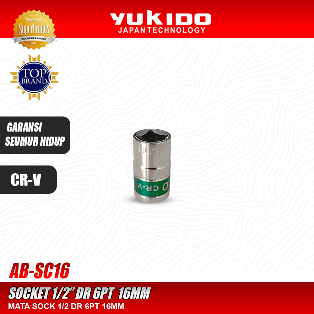 MATA Yukido Sock Eye 1/2" DR 6PT 16MM - ซ็อกเก็ต 1/2" 6PT 16MM Yukido AB-SC16