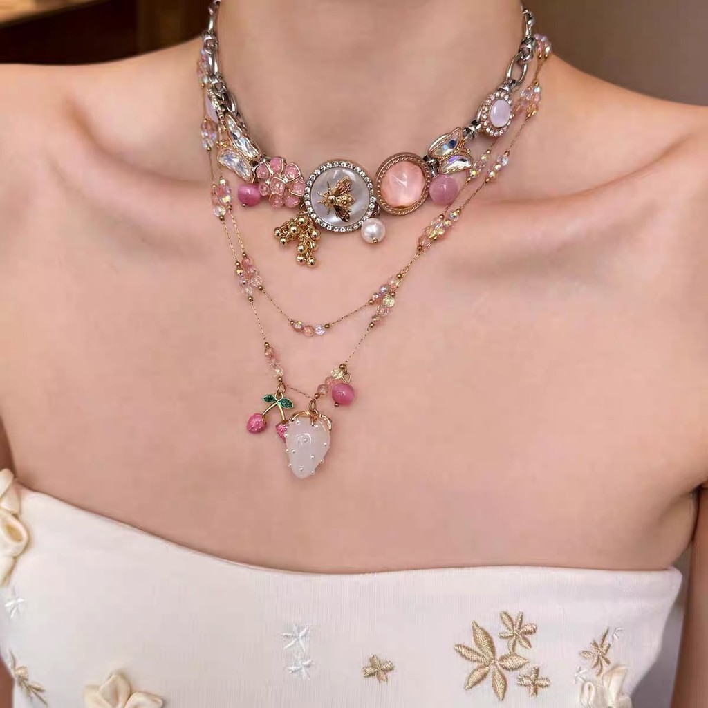 Floral Lolitaดอกไม้สีชมพูเชอร์รี่สตรอเบอร์รี่สร้อยคอ Collarbone Chain Layered สวมใส่สาวร้อน Niche หญิง 2025 สไตล์ใหม่