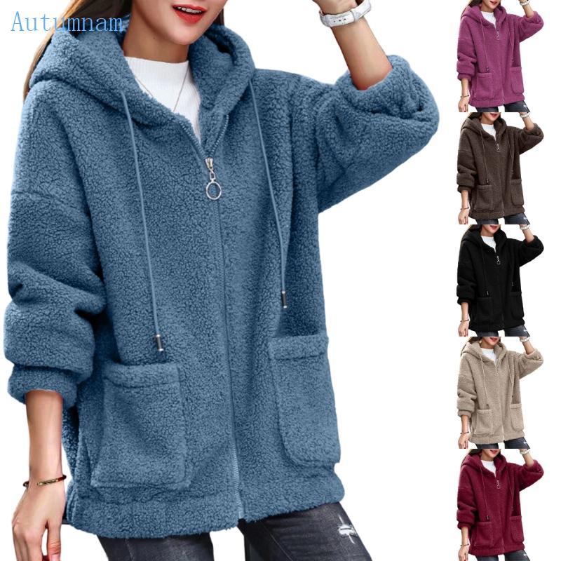 AUTU เสื้อสเวตเตอร์ผ้ากํามะหยี่มีฮู้ดแขนยาวลําลองขนาดใหญ่สําหรับผู้หญิง