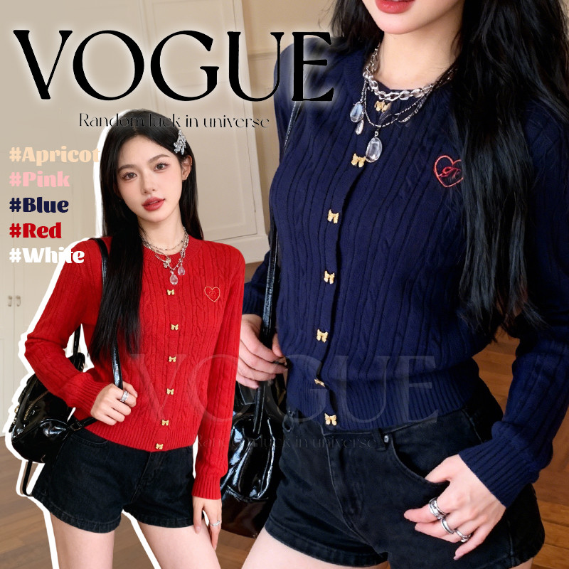 Vogue🌟พร้อมส่ง🌟 เสื้อกันหนาวไหมพรม แขนยาว กระดุมลายดบว์สีทอง สีสดใส (DZJH118-99)