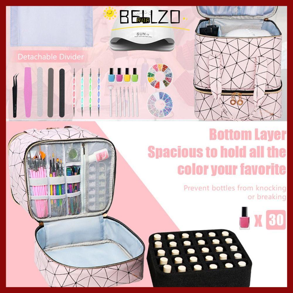 จัดส่งจากประเทศไทยBELLZO กระเป๋าแต่งเล็บ, PU Nylon 30 Grids Nail Organizer, Professional Double Laye