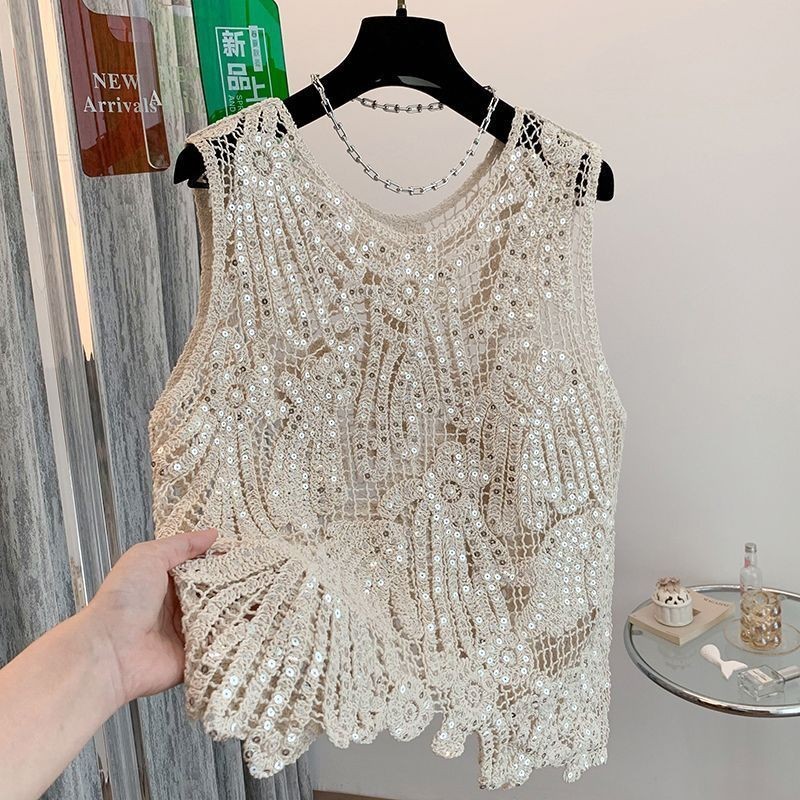 [คลังสินค้าพร้อม] Classy Celebrity Hollow Sequined Cotton Camisole Western Style Slimmer Look Fleeceless All-Match เสื้อด้านนอก#气质名媛镂空亮片棉质吊带背心洋气显瘦无绒百搭外搭罩衫