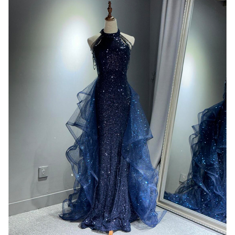 Blue evening gown, vocal teacher's dress, custom-made mesh skirt for singer's stage play troupe