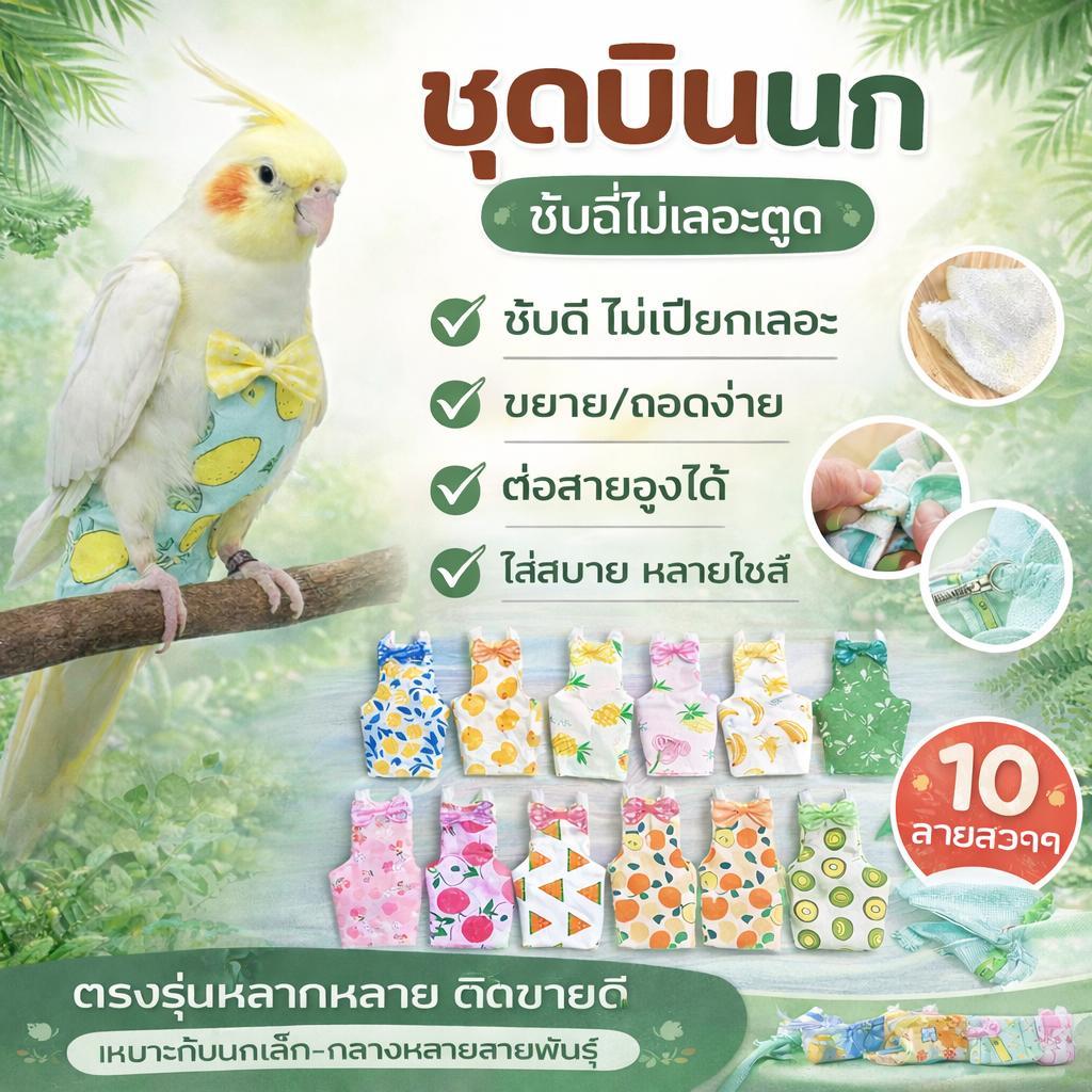 เสื้อผ้านกแก้ว ชุดบินนกแก้ว ผ้าอ้อมนกแก้ว กางเกงกันขี้นก ซักได้ ระบายอากาศดี ใช้ซ้ำได้