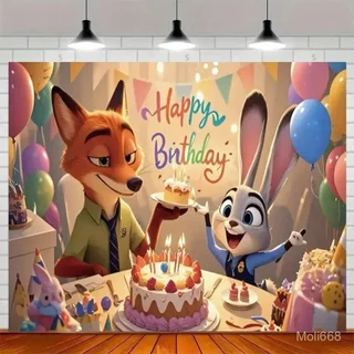 ฉากหลังผ้าสำหรับงานปาร์ตี้วันเกิดเด็กธีม Zootopia ตัวละคร Judy และ Nick ของขวัญธีมงานปาร์ตี้ ฉากหลังปรับแต่งได้