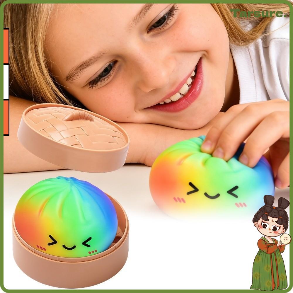 TARSURETH สกุชชี่ซาลาเปานึ่ง Pinch Le, Slow Resilience Soft Dumplings Box Squishy Toy, Fidget Rainbow Color with Steamer Squeeze Decompression Dough