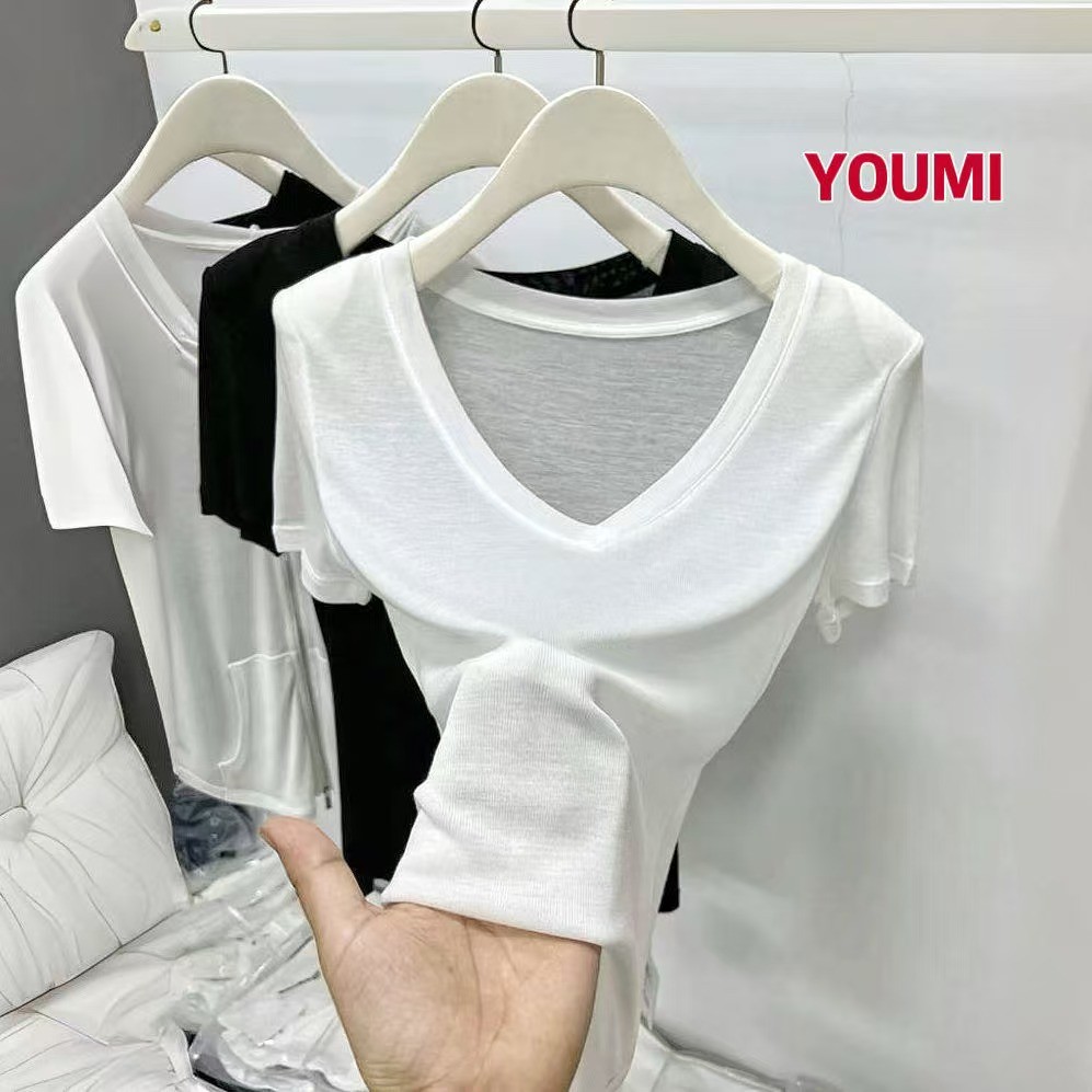 YOUMI ส่งไวจากไทย เสื้อแขนสั้น คอวี ป้องกันแดด ทรงหลวม หวานเซ็กซี่ ใส่สบาย มีให้เลือกสี่สี