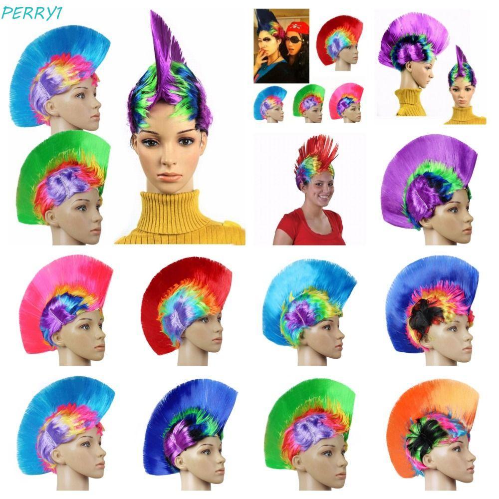 PERRY ตลกหงอนไก่, วิกผม Mohawk ที่มองไม่เห็นสี, ปุยธรรมชาติ Disco Rainbow Punk วิกผม Masquerade แสดง
