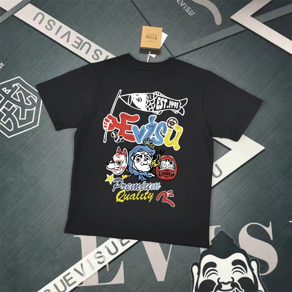 EVISU/God of Fortune 2026 คลาสสิกรอบคอแขนสั้นเสื้อยืดผู้ชายผู้หญิง 2-Line โลโก้พิมพ์รอบคอ Slim-Fit B
