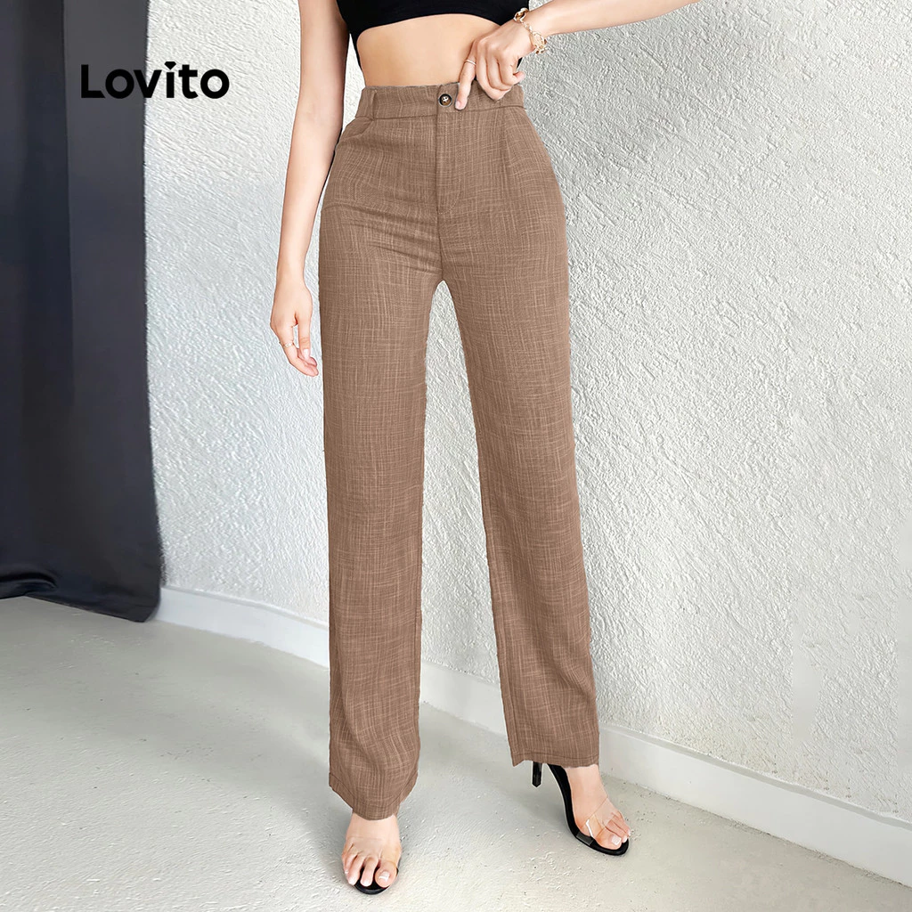 Lovito กางเกงเรียบร้อยติดกระดุม สีคากี L158ED033 thumbnail 6