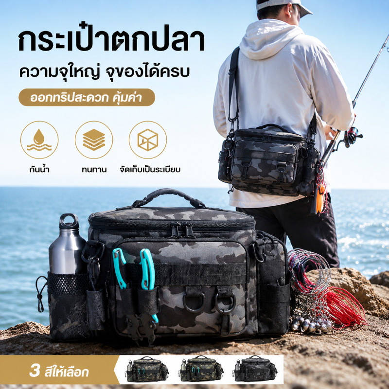 COD กระเป๋าเป้ตกปลาอเนกประสงค์ ขนาดใหญ่ กันน้ำ พร้อมสายสะพายรุ่นอัปเกรด แข็งแรงทนทาน พกพาสะดวก