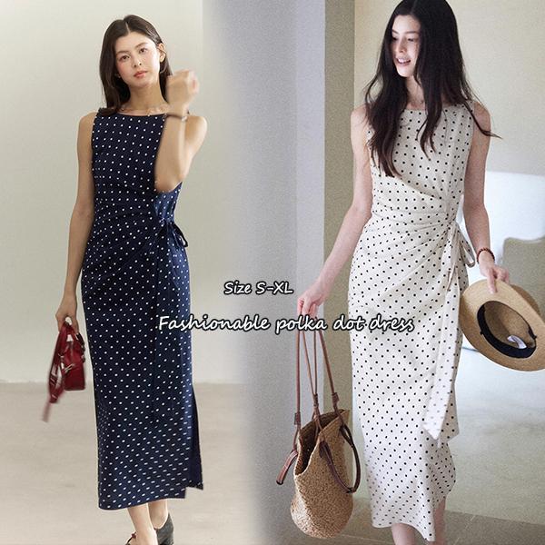 mimi&didi#เดรสลายจุด แขนกุด ระดับไฮเอนด์ แฟชั่นเกาหลีแขนกุด ดีไซน์รัดเอวข้าง เดรสยาว#99292