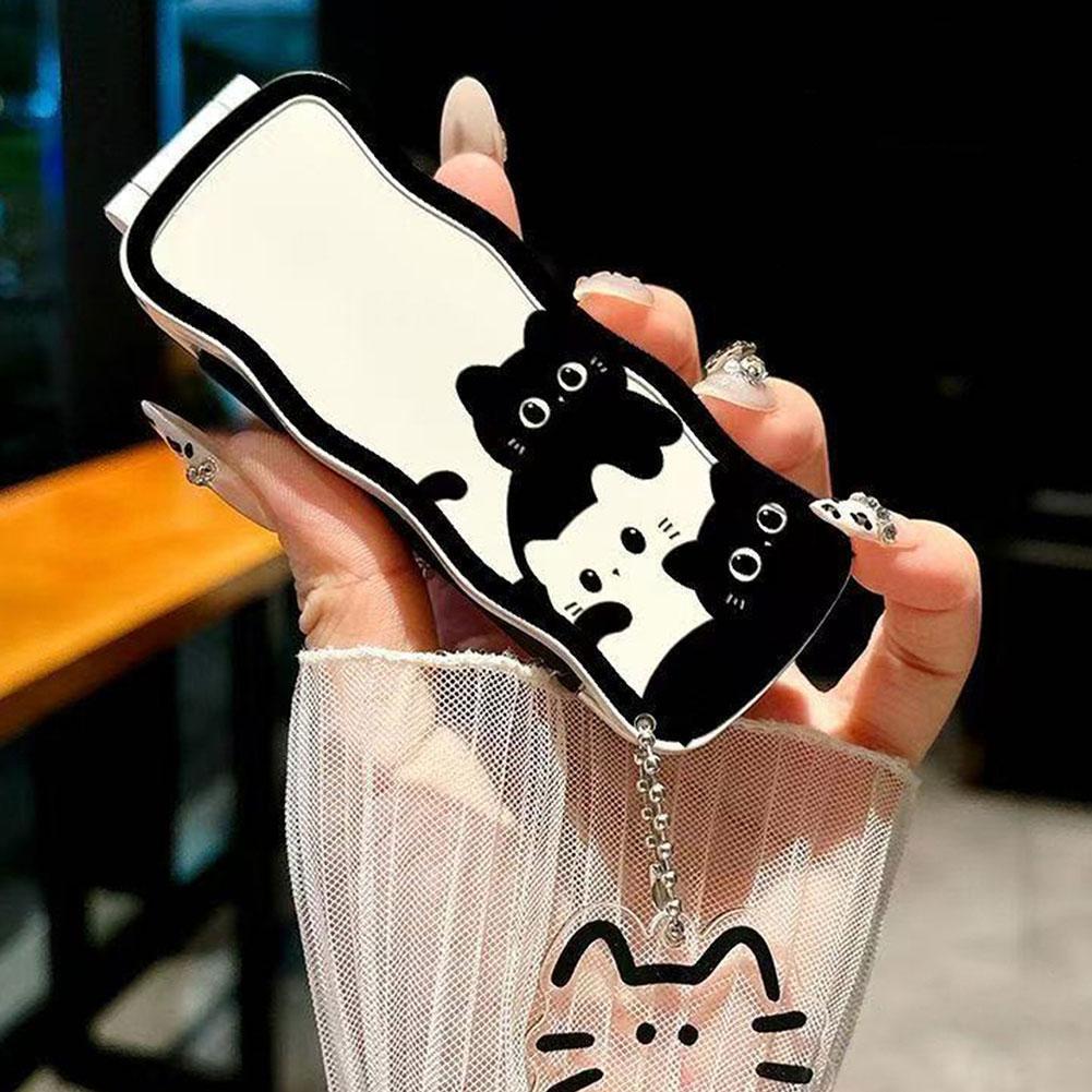 2 In 1 หวีผมกระจก Mini Anti Static Air กระเป๋าหวีผมน่ารัก Little Black Cat นวด W1j4