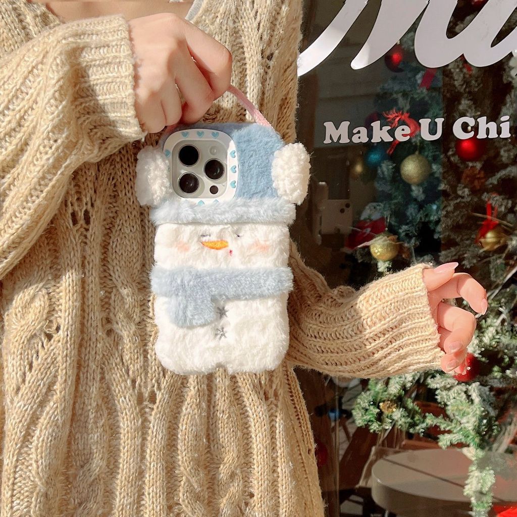Plush น่ารัก Snowman ถุงมือหูฟังหมวก iPhone17 Apple 16 เหมาะสําหรับ 13/14pro max เคสโทรศัพท์ 11YU202