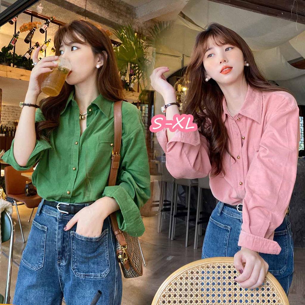 ohho#เสื้อเชิ้ตแขนยาวผ้าลูกฟูกสำหรับผู้หญิง ทรงเข้ารูป สวมใส่ได้หลากหลายและมีสไตล์ เหมาะสำหรับฤดูใบไม้ร่วง รุ่นw696