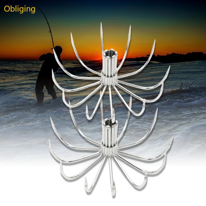 Obliging 10 ชิ้น Stainless Steels ปลาหมึกตะขอตกปลาทะเล Fishes Hook ปลาหมึก Jig ตกปลาเหยื่อ Hook Barbed ร่มปลา