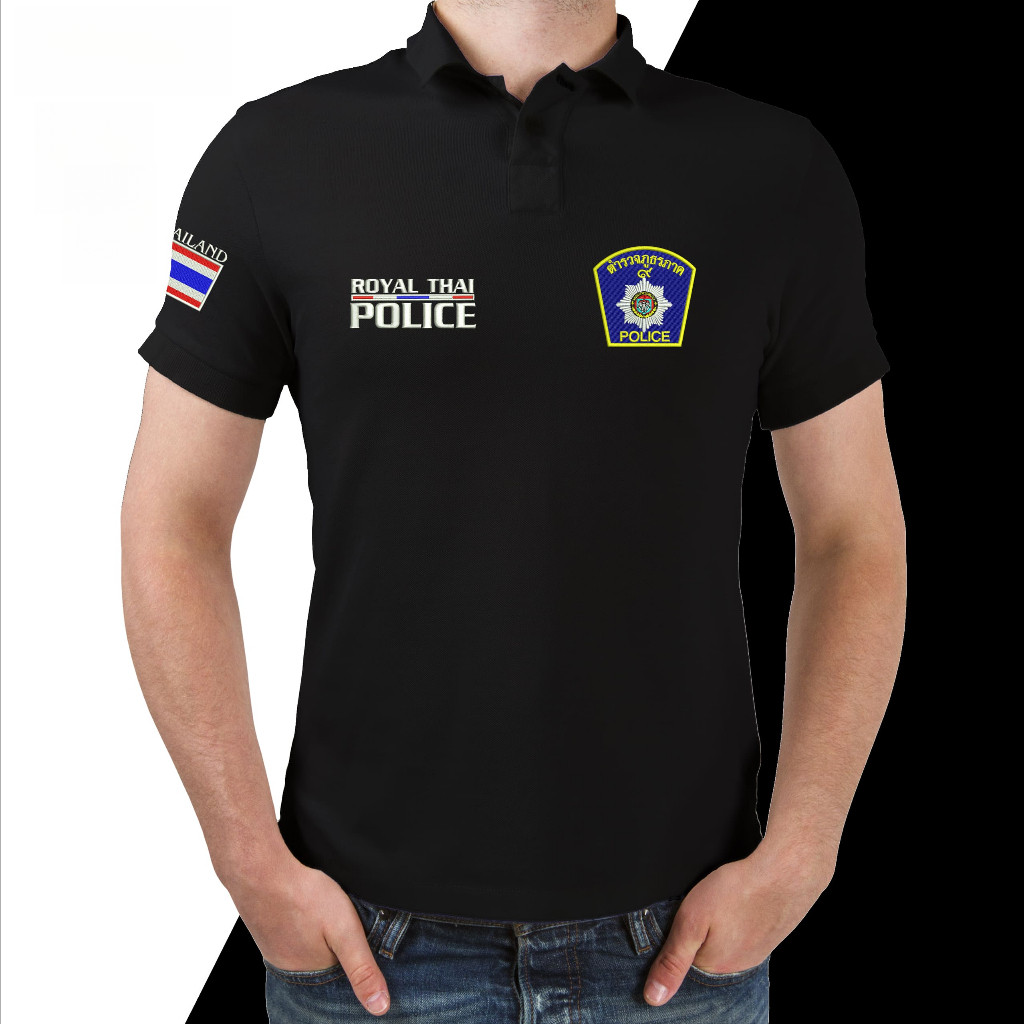 เสื้อโปโลแขนสั้นสไตล์ทหารไทย มีตราตำรวจและปกเสื้อ มีให้เลือกตั้งแต่ไซส์ S ถึง 3XL