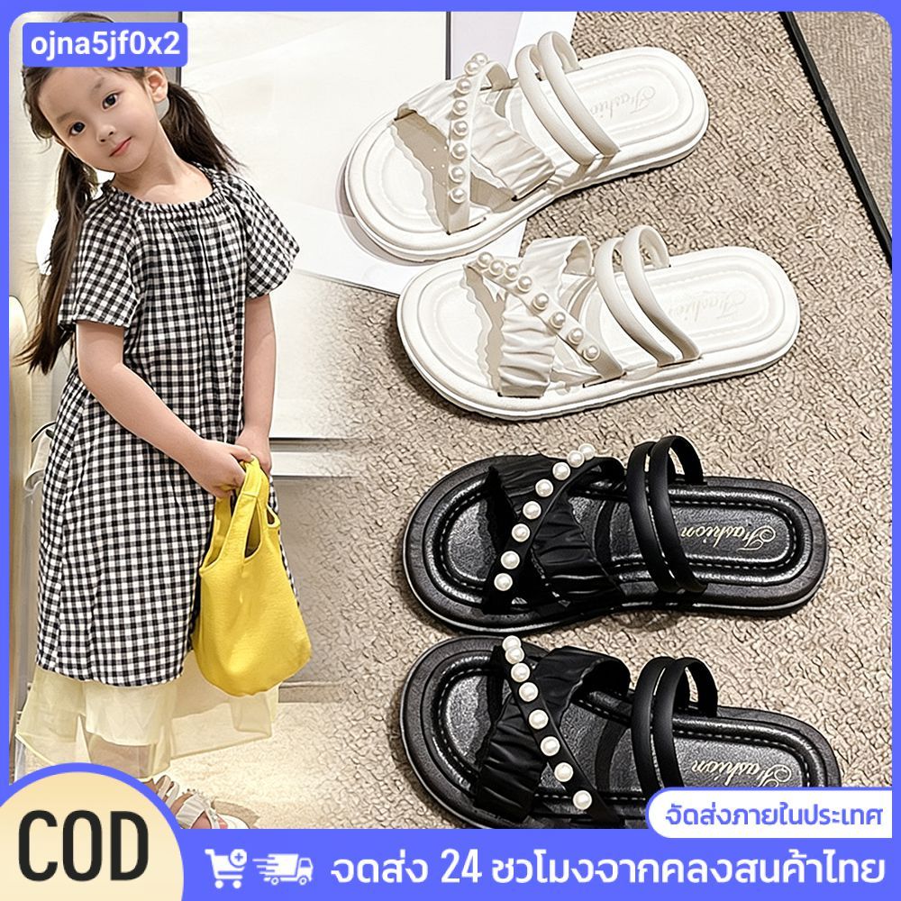 รองเท้าแตะนักเรียน รองเท้าแตะเด็กผู้หญิง สไตล์ฝรั่งเศส โบว์มุก สายไขว้ กันลื่นนุ่มสบาย น่ารักฤดูร้