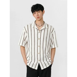 Knit Shirts • เสื้อถักแขนสั้นลายทางเล็กแอปริคอท M-3XL + ไซส์ใหญ่ หน้าผ้า56"/62"
