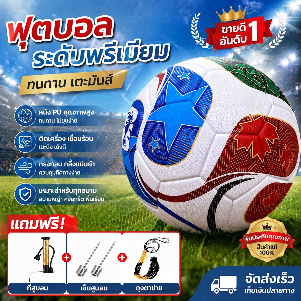 2026 ลูกฟุตบอล เบอร์ 5 ฟุตบอล PU นุ่มเด้ง ทนเตะ ลูกบอลฝึกซ้อม แข่งขัน สนามหญ้า ฟุตซอล โรงเรียน เด็กโต ผู้ใหญ่ กลางแจ้งดี