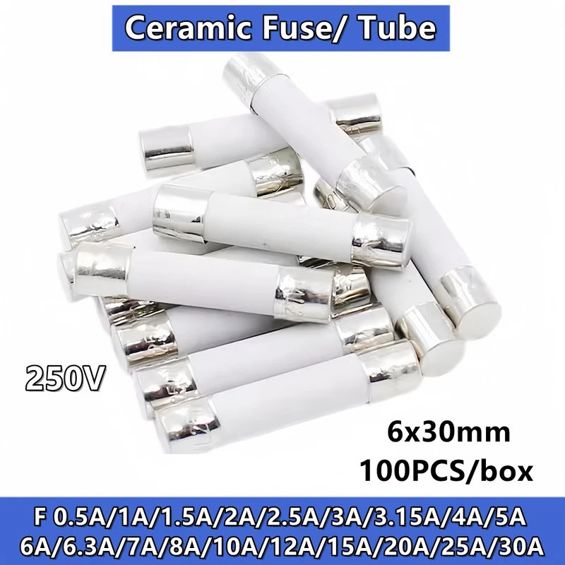 10/100PCS เซรามิคฟิวส์หลอด F fast 6x30 250V F 0.5A 2A 3.15A 4 5A 6A 7A 8A 10A 12A 15A 20A 25A 30A ป้