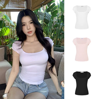 <Moss Queen> เสื้อยืดแขนสั้นคอยูสีขาว ทรงตรง เข้ารูปพอดีตัวสำหรับฤดูร้อน