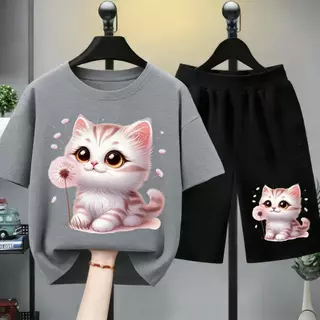 [COD]New!!!*2026-ชุดเสื้อยืดเด็กหญิง เสื้อยืดเด็กหญิง ชุดเสื้อเด็กหญิง เสื้อยืดเด็กหญิงชุดสั้น ลาย แมว ดอกหญ+（ชุดเสื้อยื