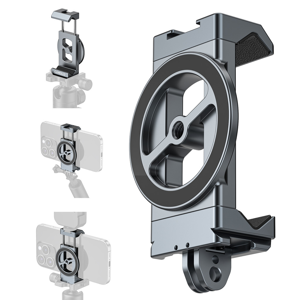 CAMOLO ที่วางโทรศัพท์โลหะพร้อมพอร์ต Arca และแม่เหล็ก 1/4 "-20 อะแดปเตอร์กล้องแอคชั่นแคมเมราสมาร์ทโฟนแบบปรับได้ Clamp Cell Stand Holder