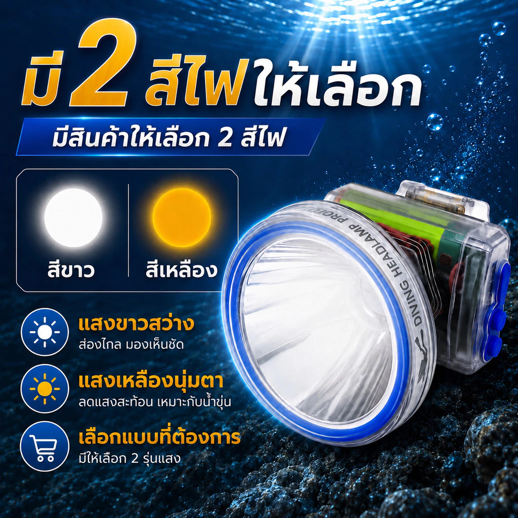 ไฟฉายคาดหัว LED ดำน้ำลึก 50 เมตร ชาร์จได้ thumbnail 4
