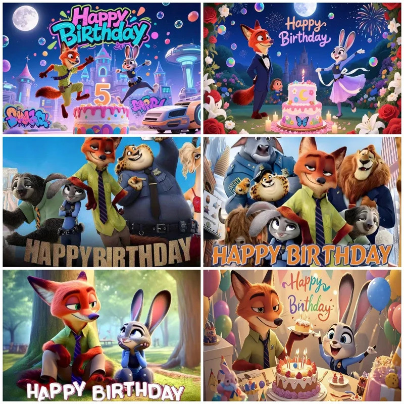 Zootopia Judy Nick การ์ตูนวันเกิดตกแต่งพื้นหลังเด็กทารกฉากหลังอุปกรณ์การถ่ายภาพ Props