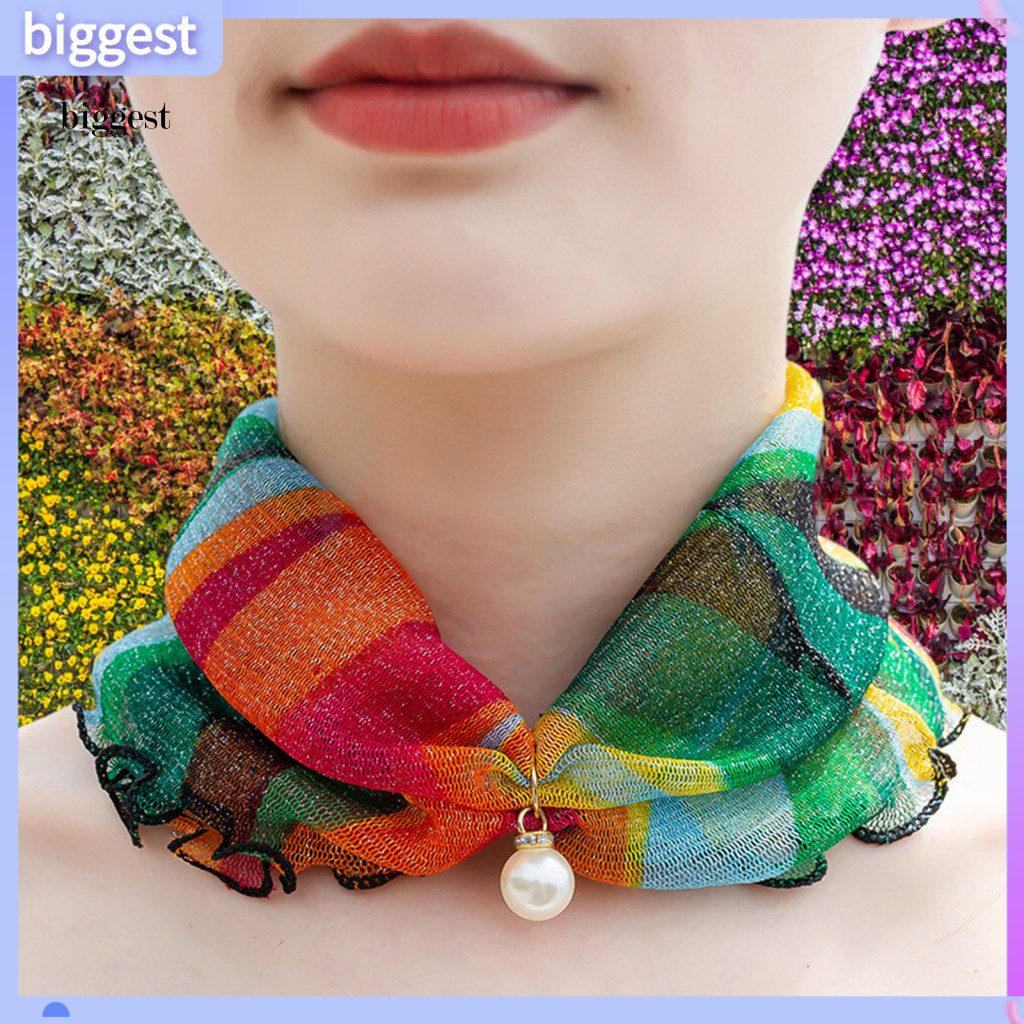 BGT Breathable คอ Faux Pearl จี้ผ้าพันคอ Chic ผู้หญิงครีมกันแดดผ้าพันคอ Faux Pearl Decor Stylish คออ