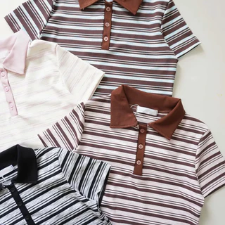 Hotgirl พร้อมส่ง เสื้อยืดแขนสั้นคอโปโลลายทางแฟชั่นผู้หญิง ดีไซน์ปุ่มด้านหน้า นุ่มและสบาย