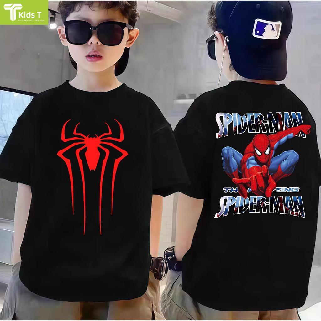เสื้อยืดเด็กแขนสั้นลาย Spider-Man สไตล์อเมริกันแฟชั่นอินเทรนด์จากKids Tผ้าฝ้ายแท้ นุ่มสบาย เสื้อสำหรับเด็กชายและเด็กหญิง