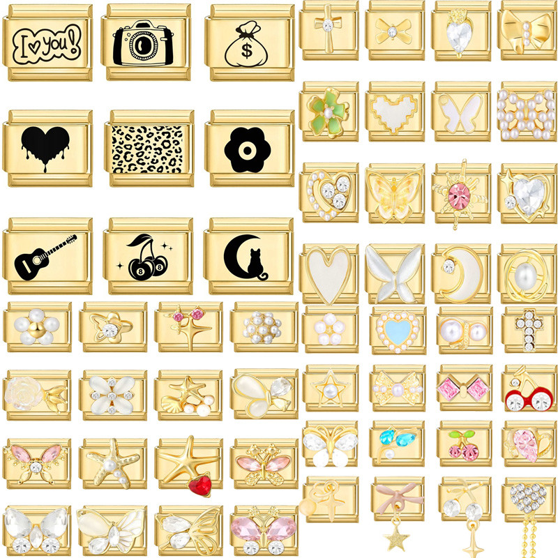 Laser Engraving Gold Color Cartoon Cats Heart Cherry Guitar DIY Italian Charm Links Fit 9mm Women St