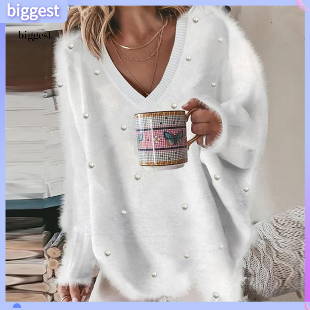 BGT เสื้อกันหนาวสำหรับผู้หญิง ทรง V คอ แขนยาวหลวม ทออย่างประณีตพร้อมลูกปัดตกแต่ง เพื่อฤดูหนาวที่อบอุ