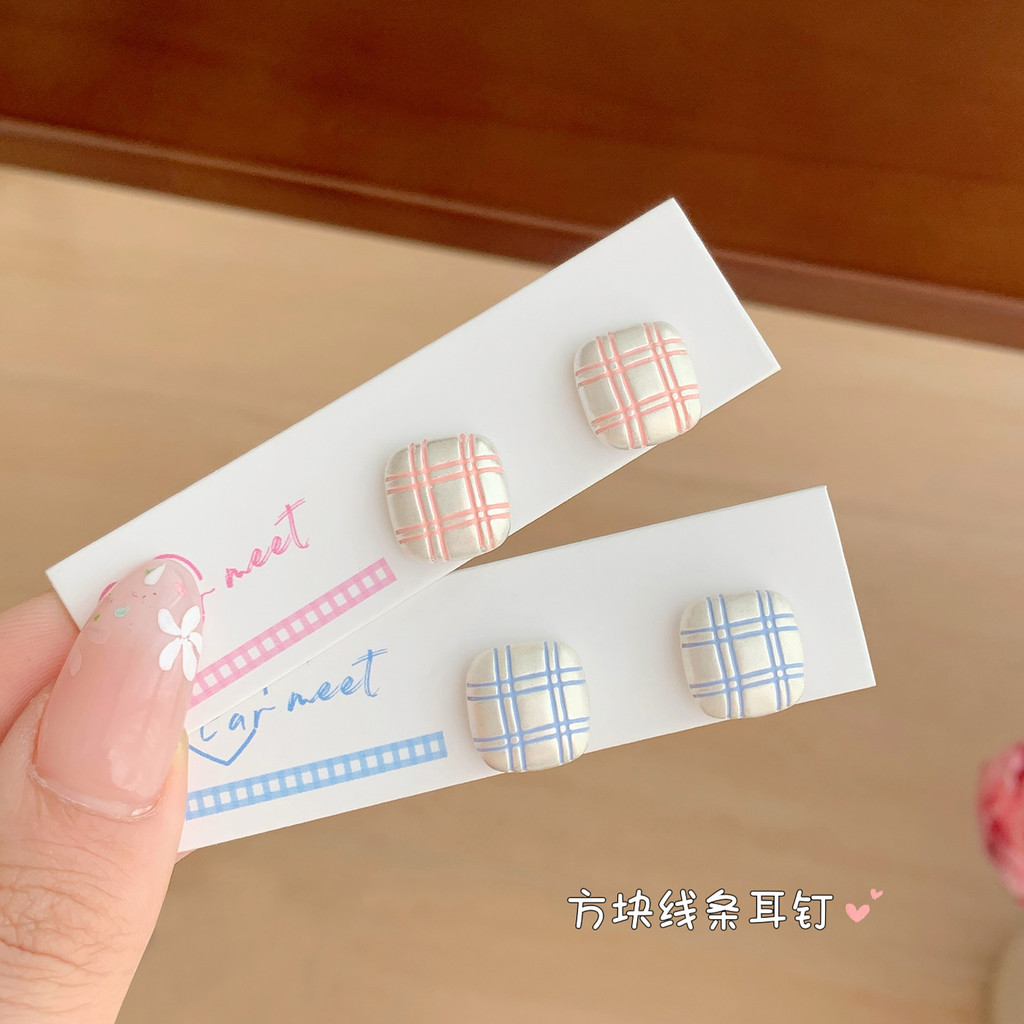 Super Fairy น้ํามันหวานหยด Asian Silver Square Line ต่างหูหญิงเข็มเงิน Niche Design High-End All-Mat