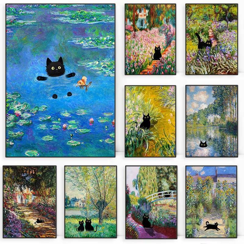 Claude Monet งานศิลปะที่น่าสนใจน่ารักแมวดํา Lotus Pond โปสเตอร์ผ้าใบภาพวาด Wall Art ภาพสําหรับห้องนั่งเล่นตกแต่งบ้าน