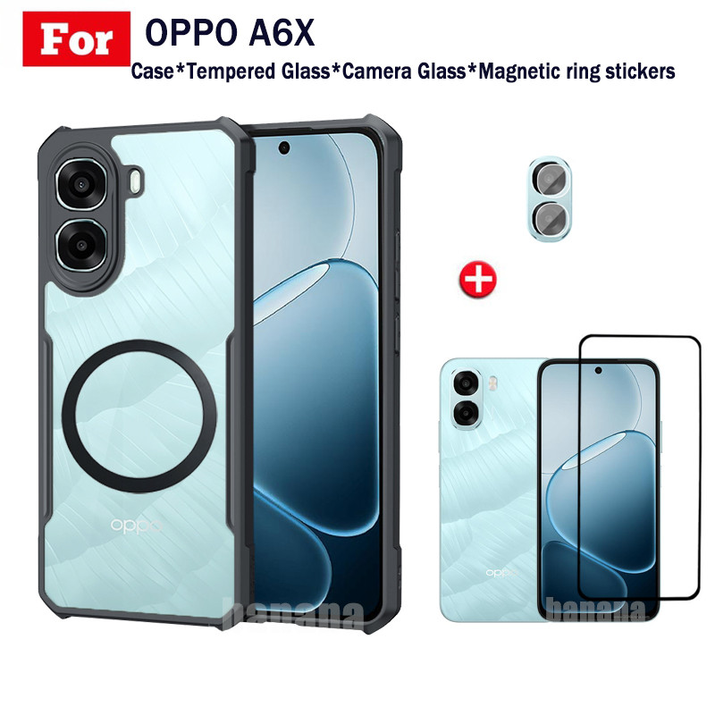 4 in 1 OPPO A6X 6X เคสโทรศัพท์กันกระแทกสําหรับ OPPO A6 Pro A5 Pro A5X A5i A3X พร้อมสติกเกอร์ชาร์จไร้สายแม่เหล็กและกระจกนิรภัยเต็มรูปแบบและฟิล์มเลนส์