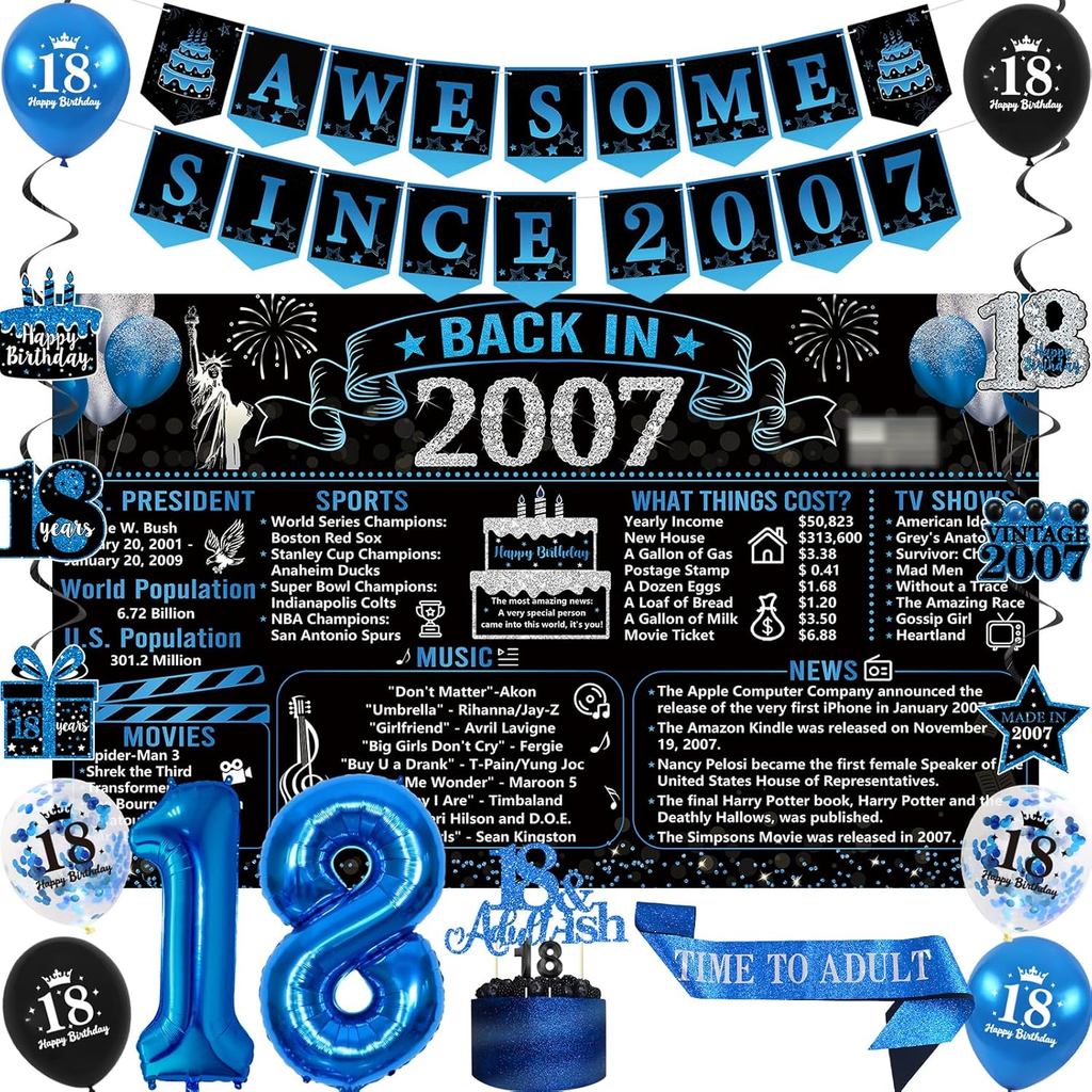 Trogawaul 18th Birthday Decoration for Boys, 20PCS Black Blue Back in 2007 Birthday Party Supplies, 