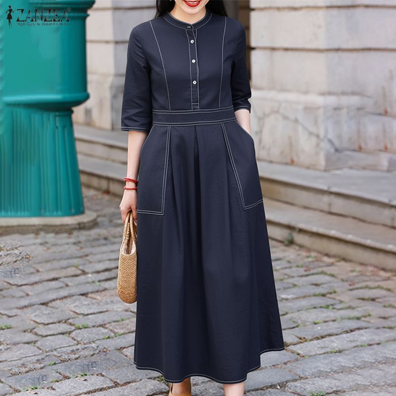 ZANZEA ผู้หญิงเกาหลีวินเทจลําลองคอตั้งกลางแขนครึ่งกระดุมสีตัดกัน Midi Shirtdresses — صورة 5