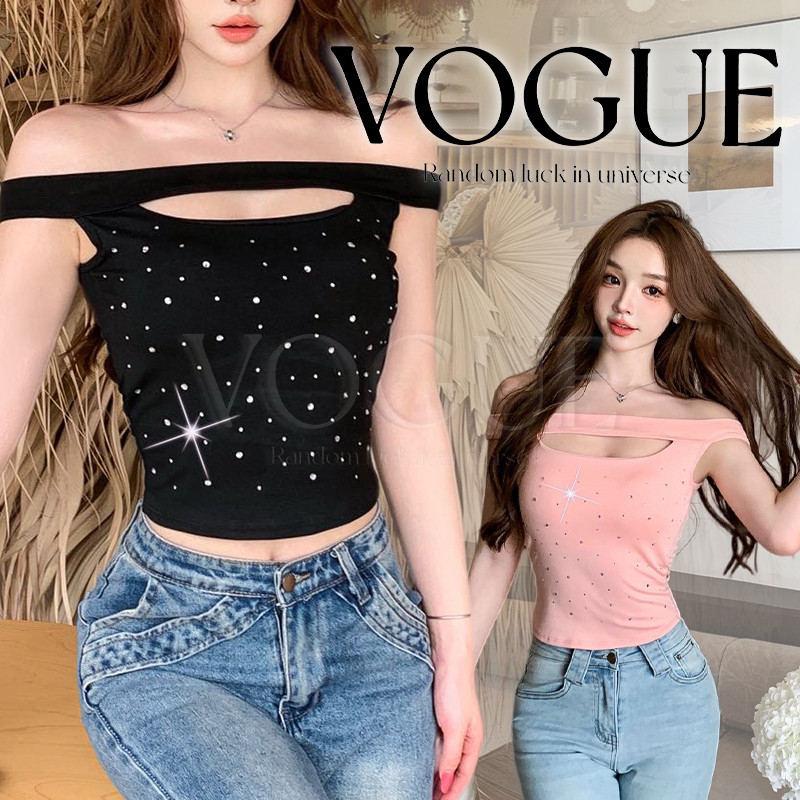 Vogue🌟พร้อมส่ง🌟 เสื้อเปิดไหล่ดีเทลเว้าอก แต่งเพชรเข้ารูป ดีไซน์เซ็กซี่ มีฟองน้ำ (FY33062)