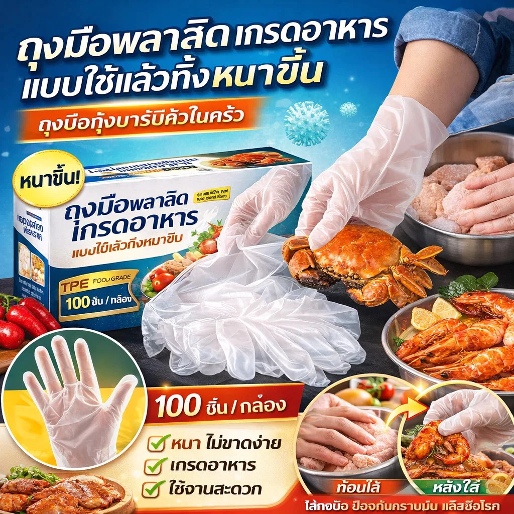 【หนาแน่น ไม่รั่ว】 ถุงมือ TPE ใช้แล้วทิ้ง เกรดอาหาร หนาเพิ่ม ถุงมือ TPE / ใช้แล้วทิ้ง / เกรดอาหาร / หนา